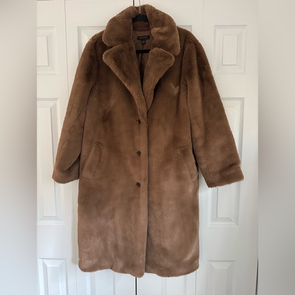 Ann Taylor Brown Faux Fur Coat Size L - Picture 4 of 11